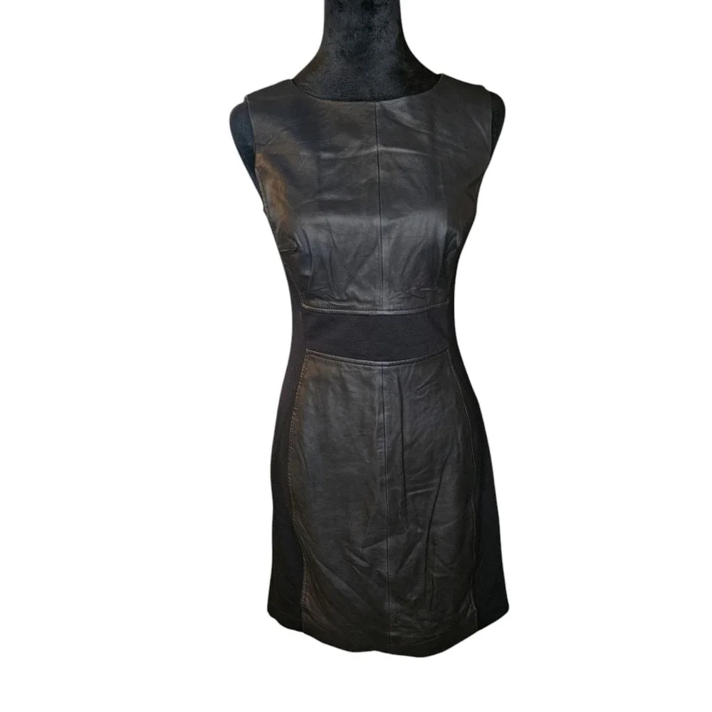 Halogen 4P Black Mixed Media Sleeveless A-line Leather Sheath Mini Dress - Picture 2 of 7